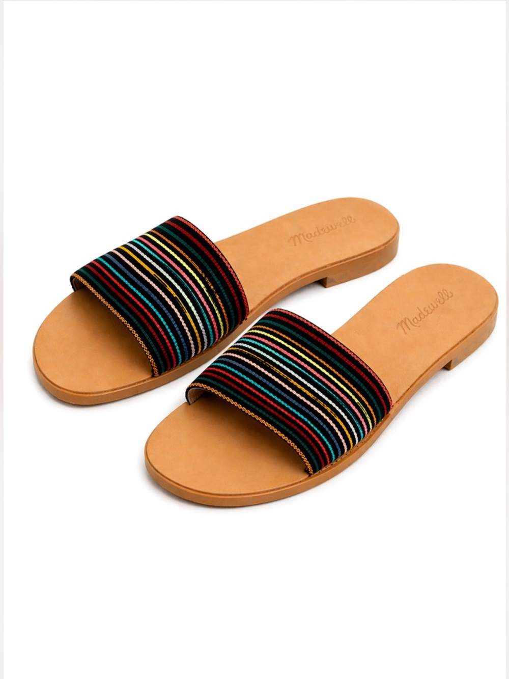 Madewell Tan Slide Sandals with Multicolor Striped Strap